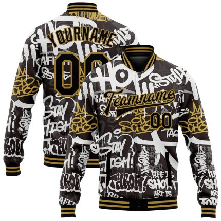 Custom Name & Number Black Gold Graffiti Pattern 3D Bomber Varsity Letterman Jacket Urban Street Style Apparel Personalized