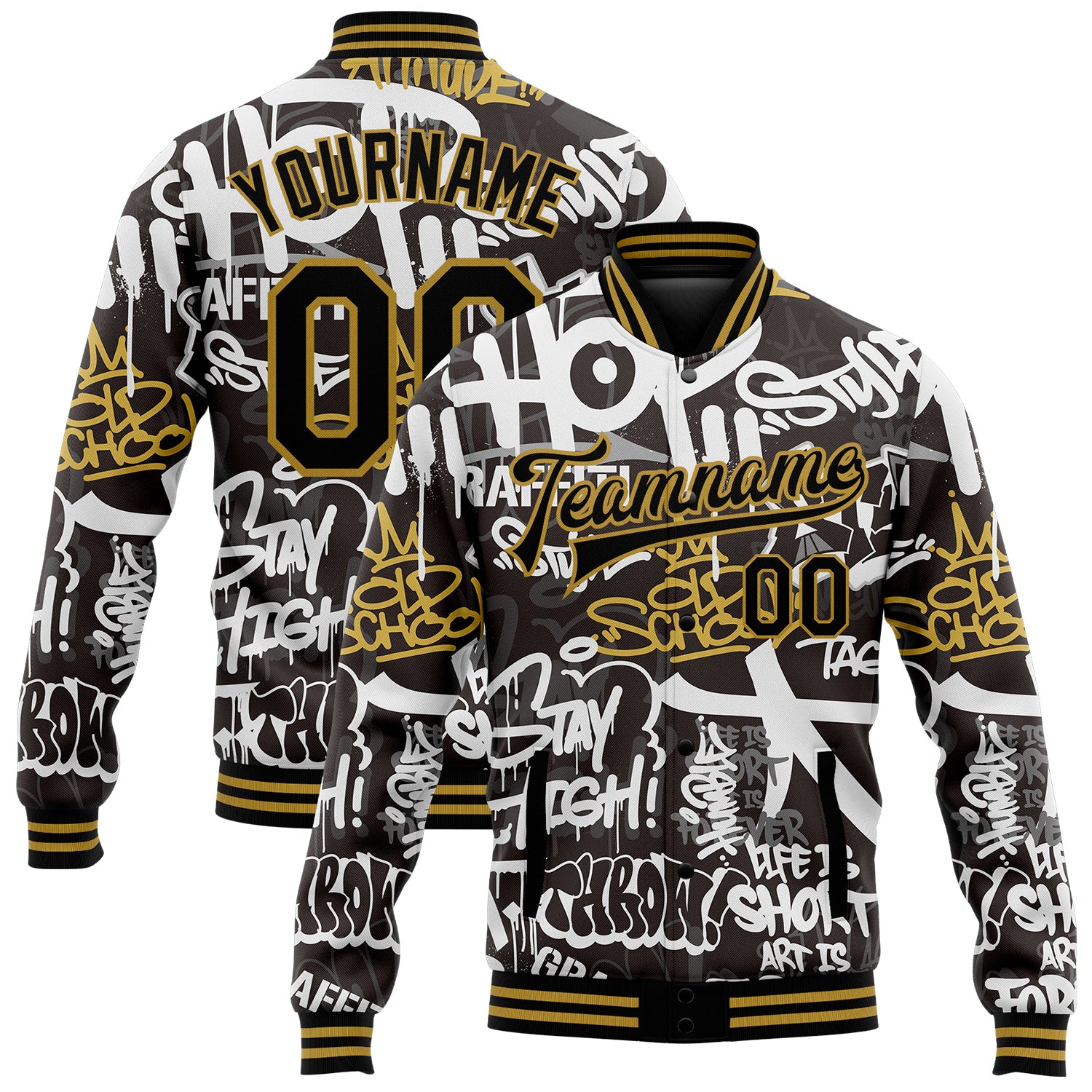Custom Name & Number Black Gold Graffiti Pattern 3D Bomber Varsity Letterman Jacket Urban Street Style Apparel Personalized