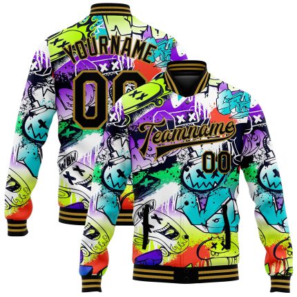 Personalized Graffiti Pattern Black and Gold Urban Street Art 3D Bomber Varsity Letterman Jacket Personalized Graffiti Pattern