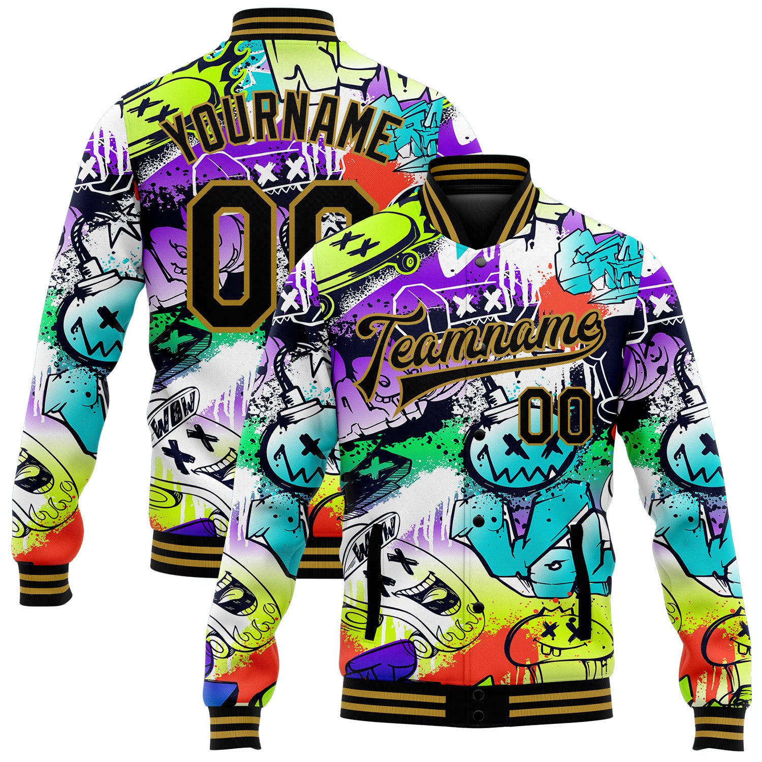 Personalized Graffiti Pattern Black and Gold Urban Street Art 3D Bomber Varsity Letterman Jacket Personalized Graffiti Pattern
