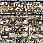 Custom Name & Number Graffiti 3D Bomber Varsity Jacket - Black & Old Gold Urban Street Art Grunge Design Personalized Graffiti