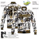 Custom Name & Number Graffiti 3D Bomber Varsity Jacket - Black & Old Gold Urban Street Art Grunge Design Personalized Graffiti