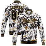 Custom Name & Number Graffiti 3D Bomber Varsity Jacket - Black & Old Gold Urban Street Art Grunge Design Personalized Graffiti