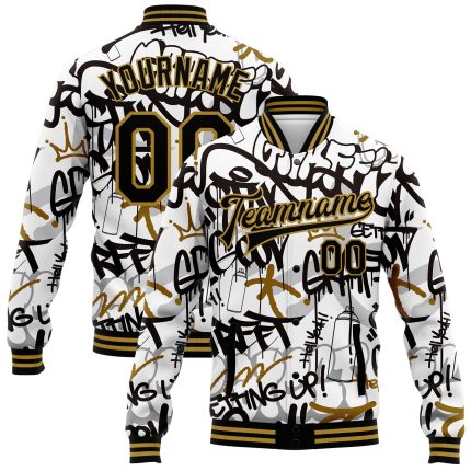 Custom Name & Number Graffiti 3D Bomber Varsity Jacket - Black & Old Gold Urban Street Art Grunge Design Personalized Graffiti