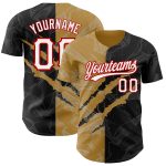 Custom Name and Number Black Old Gold-Red 3D Scratch Graffiti Pattern Baseball Jersey - Personalized Team Gear Personalized