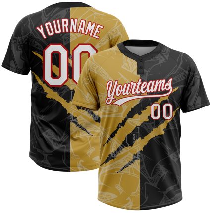 Custom Name Number Personalized Graffiti Pattern Black Gold-Red Unisex Softball Jersey 3D Two-Button Team Apparel Personalized