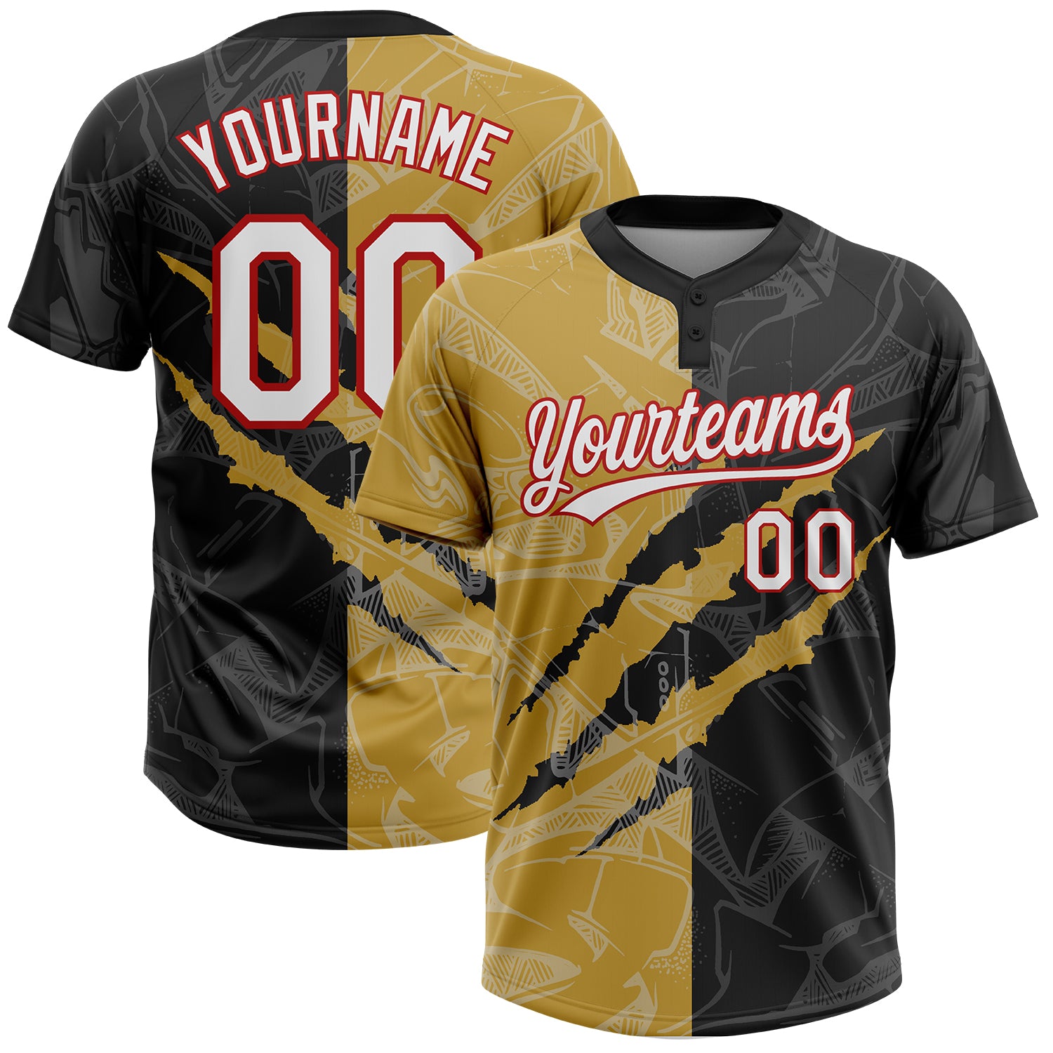 Custom Name Number Personalized Graffiti Pattern Black Gold-Red Unisex Softball Jersey 3D Two-Button Team Apparel Personalized