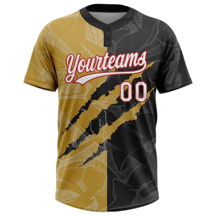 Custom Name Number Personalized Graffiti Pattern Black Gold-Red Unisex Softball Jersey 3D Two-Button Team Apparel Personalized