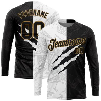 Custom Name and Number Graffiti Pattern Long Sleeve Performance T-Shirt Black and Gold Personalized Graffiti Pattern Black-Old