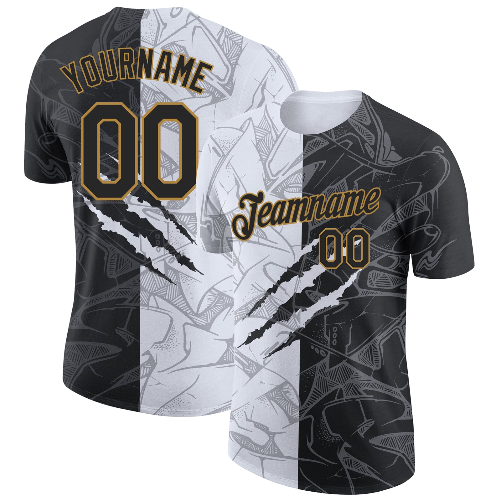 Custom Graffiti Pattern Performance T-Shirt with Name & Number - Black & Old Gold 3D Team Shirt Personalized Graffiti Pattern