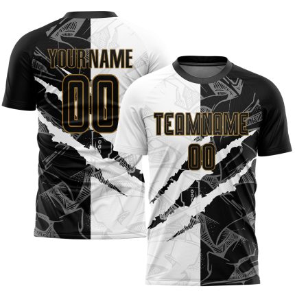 Custom Graffiti Pattern Soccer Jersey with Black and Old Gold Design - Personalized Team Uniform with Name and Number Personalized