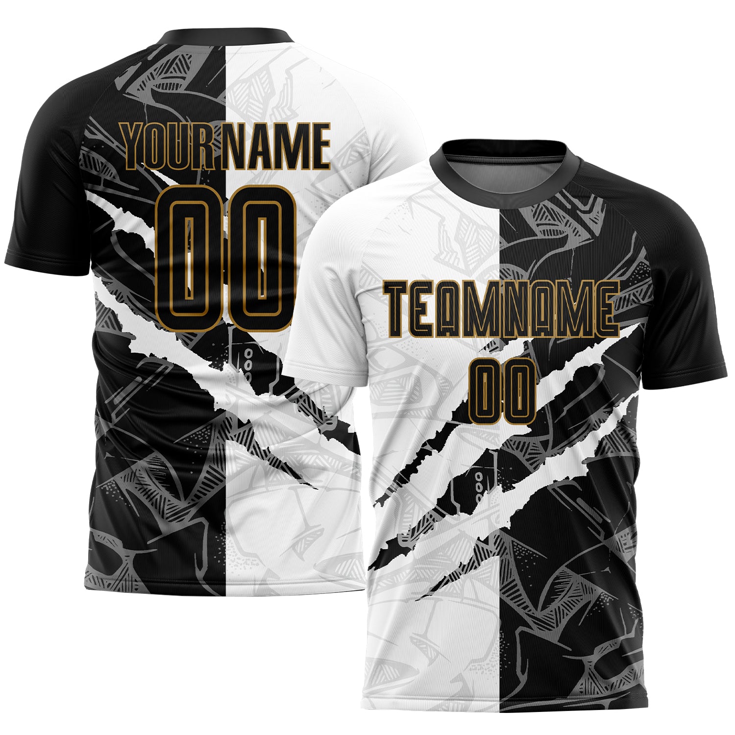 Custom Graffiti Pattern Soccer Jersey with Black and Old Gold Design - Personalized Team Uniform with Name and Number Personalized