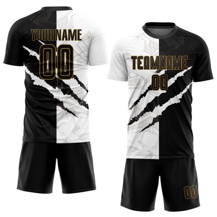 Custom Graffiti Pattern Soccer Jersey with Black and Old Gold Design - Personalized Team Uniform with Name and Number Personalized