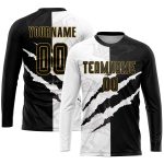 Custom Graffiti Pattern Soccer Jersey with Black and Old Gold Design - Personalized Team Uniform with Name and Number Personalized