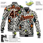 Custom Name Number Graffiti Pattern Black-Orange Grunge Art Varsity Letterman Jacket 3D Bomber Modern Geometric Design Personalized