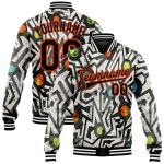 Custom Name Number Graffiti Pattern Black-Orange Grunge Art Varsity Letterman Jacket 3D Bomber Modern Geometric Design Personalized