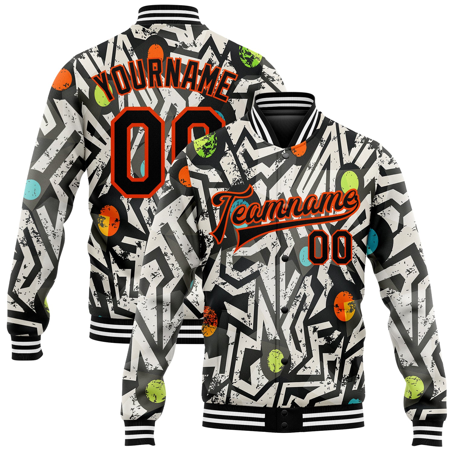 Custom Name Number Graffiti Pattern Black-Orange Grunge Art Varsity Letterman Jacket 3D Bomber Modern Geometric Design Personalized