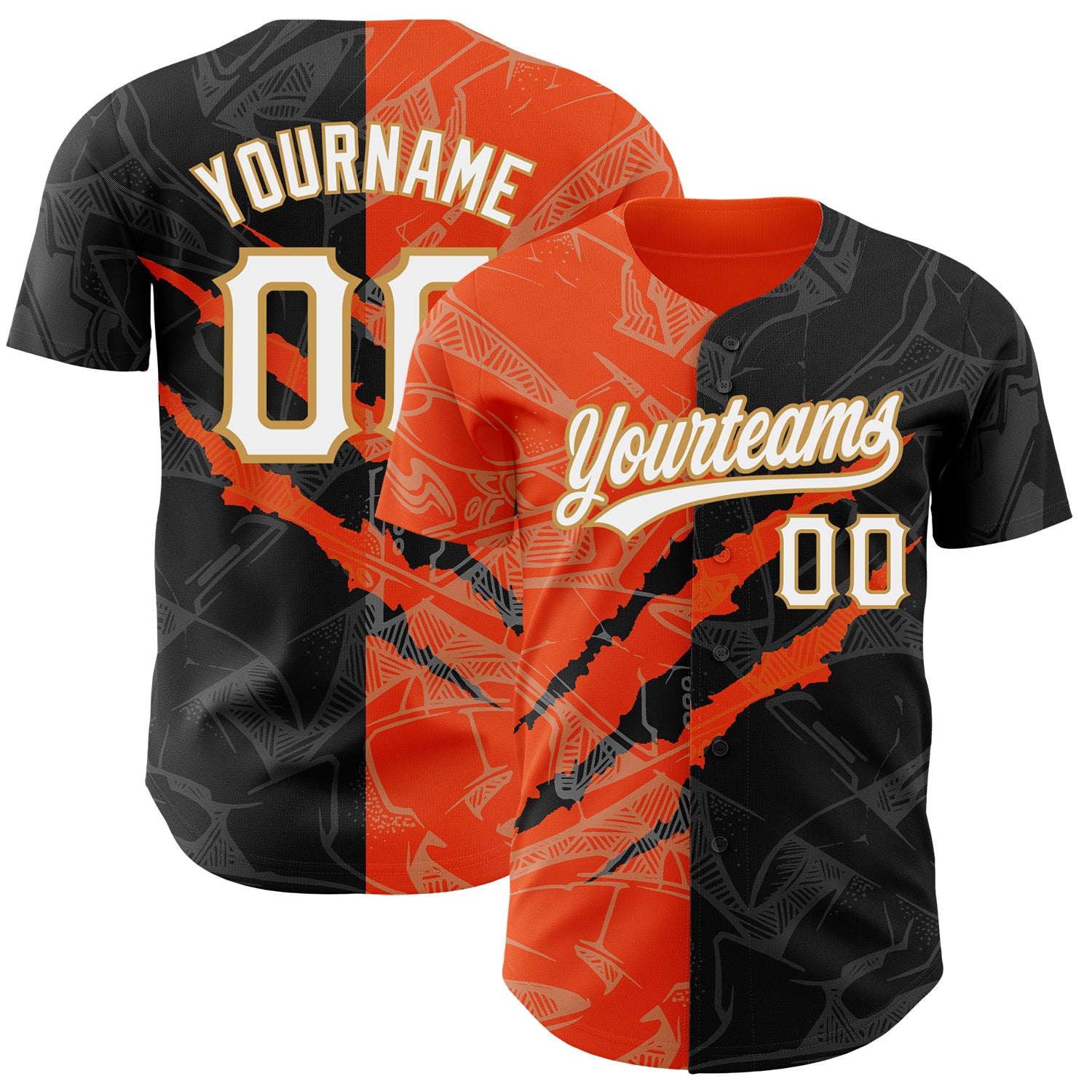 Personalized 3D Scratch Black Orange Old Gold Graffiti Baseball Jersey Custom Name and Number Personalized Graffiti Pattern