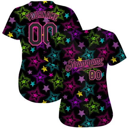 Custom Black-Pink Graffiti Pattern 3D Baseball Jersey with Colorful Stars, Personalized Name and Number Personalized Graffiti
