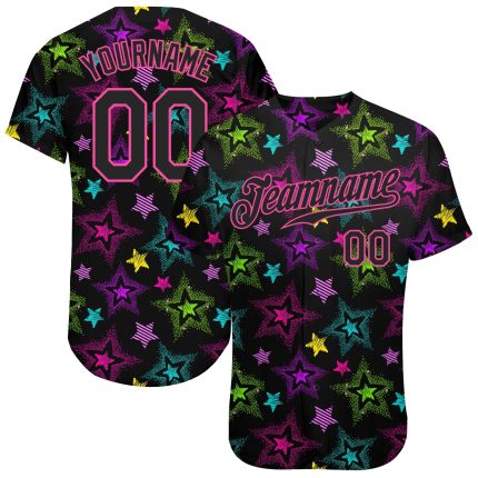 Custom Black-Pink Graffiti Pattern 3D Baseball Jersey with Colorful Stars, Personalized Name and Number Personalized Graffiti