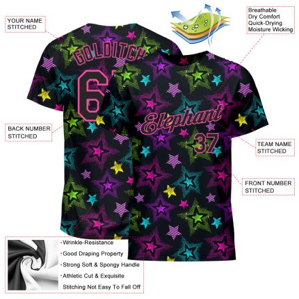 Custom Name and Number Personalized Graffiti Pattern T-Shirt - Black-Pink 3D Colorful Stars Performance Gear Personalized