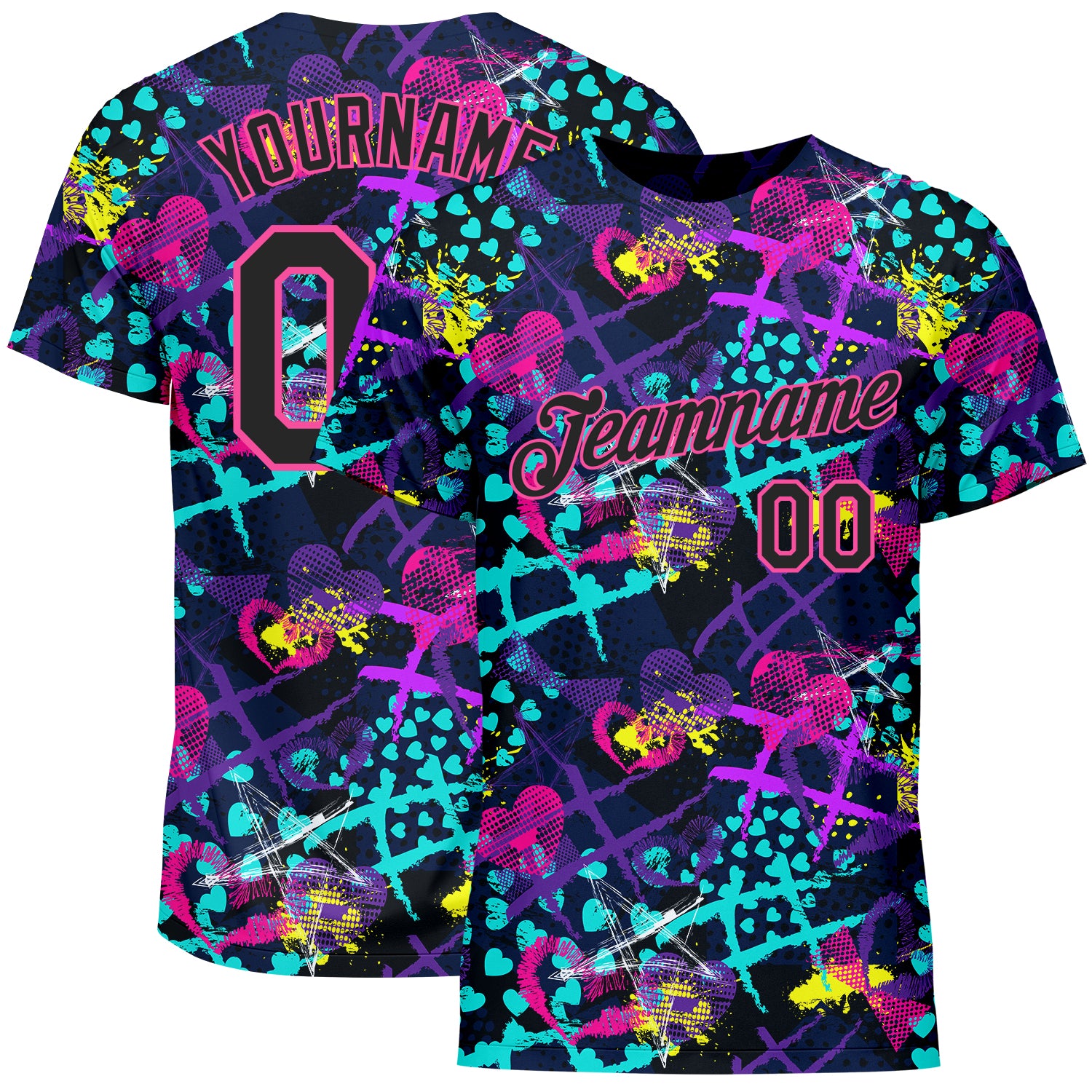 Personalized Black-Pink Graffiti 3D Hearts Stars T-Shirt with Custom Team Name and Number - Creative Geometric Design Personalized
