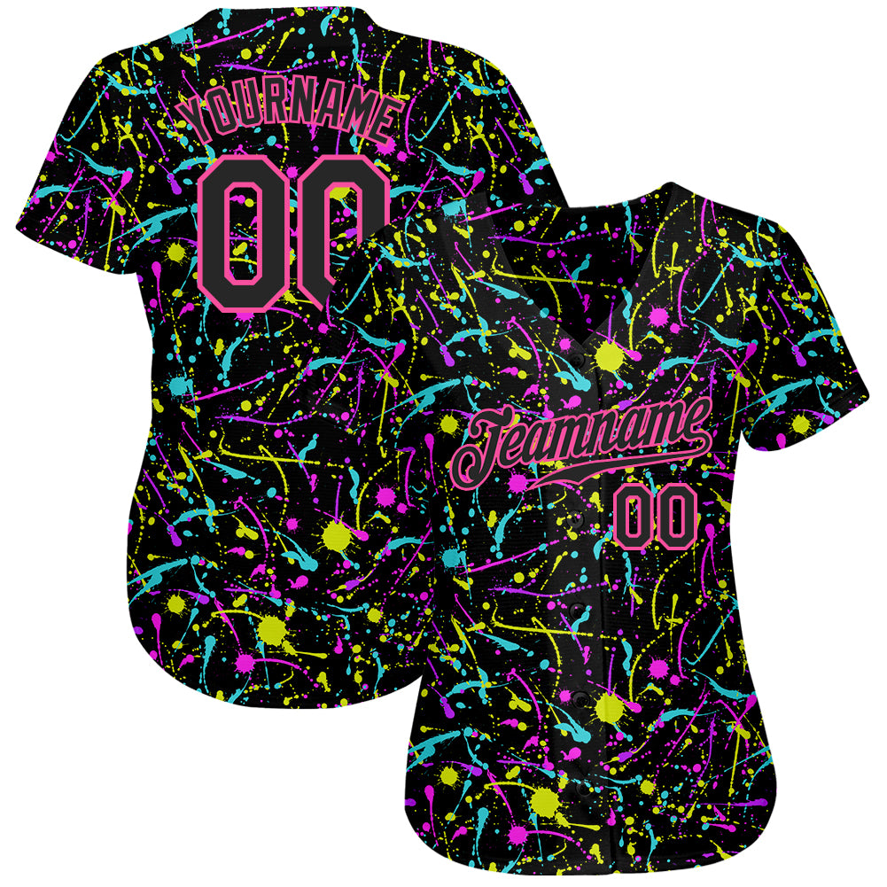 Personalized Graffiti Pattern Black-Pink 3D Neon Splatter Authentic Baseball Jersey Team Custom Name and Number Custom Name and Number Black-Pink Graffiti 3D Neon Splatter Baseball Jersey - Authentic Team Apparel Personalized Graffiti - Image 3