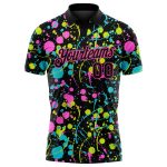 Custom Name and Number Graffiti 3D Neon Splatter Golf Polo Shirt Black-Pink Performance Design Personalized Graffiti Pattern