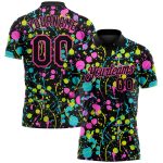 Custom Name and Number Graffiti 3D Neon Splatter Golf Polo Shirt Black-Pink Performance Design Personalized Graffiti Pattern