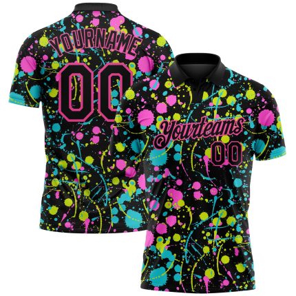 Custom Name and Number Graffiti 3D Neon Splatter Golf Polo Shirt Black-Pink Performance Design Personalized Graffiti Pattern