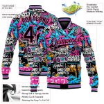 Custom Personalized Graffiti Pattern Black Pink Bomber Jacket with Team Name and Number - 3D Full-Snap Varsity Letterman Style