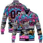 Custom Personalized Graffiti Pattern Black Pink Bomber Jacket with Team Name and Number - 3D Full-Snap Varsity Letterman Style