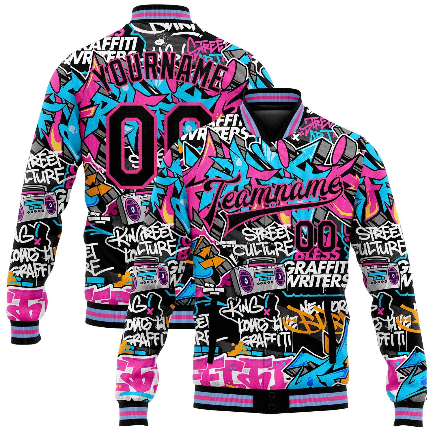 Custom Personalized Graffiti Pattern Black Pink Bomber Jacket with Team Name and Number - 3D Full-Snap Varsity Letterman Style