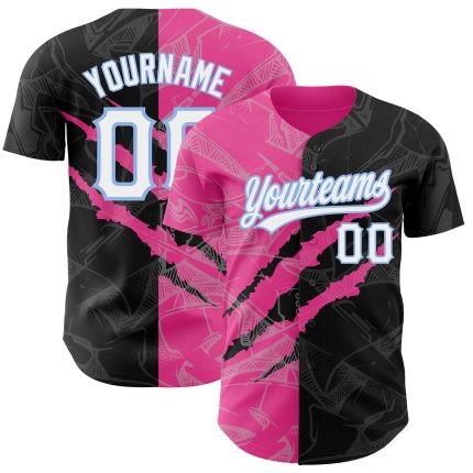 Personalized 3D Scratch Authentic Baseball Jersey Custom Name Number - Graffiti Pattern Black Pink Light Blue Personalized
