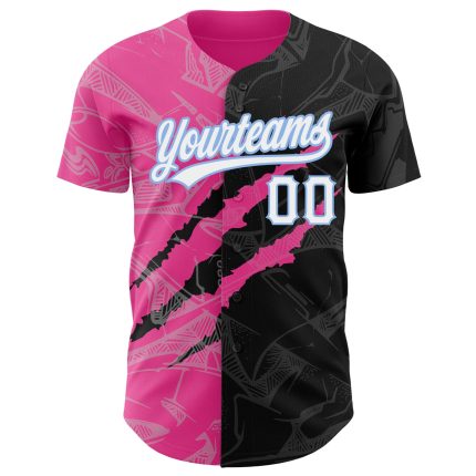 Personalized 3D Scratch Authentic Baseball Jersey Custom Name Number - Graffiti Pattern Black Pink Light Blue Personalized
