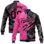 Custom Graffiti Pattern Bomber Jacket Black Pink Light Blue 3D Varsity Letterman with Personalized Name and Number Personalized