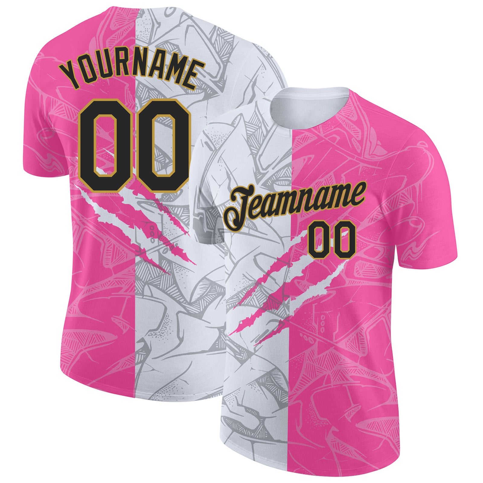 Custom Graffiti Pattern Performance T-Shirt with Name & Number - Black Pink Old Gold 3D Design Personalized Graffiti Pattern