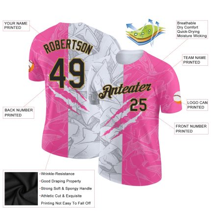 Custom Graffiti Pattern Performance T-Shirt with Name & Number - Black Pink Old Gold 3D Design Personalized Graffiti Pattern