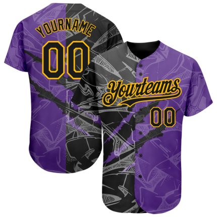Custom Graffiti Pattern Baseball Jersey Black Purple Gold 3D Scratch Personalized with Name and Number Personalized Graffiti