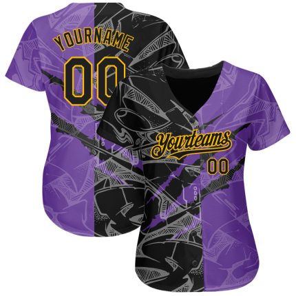 Custom Graffiti Pattern Baseball Jersey Black Purple Gold 3D Scratch Personalized with Name and Number Personalized Graffiti