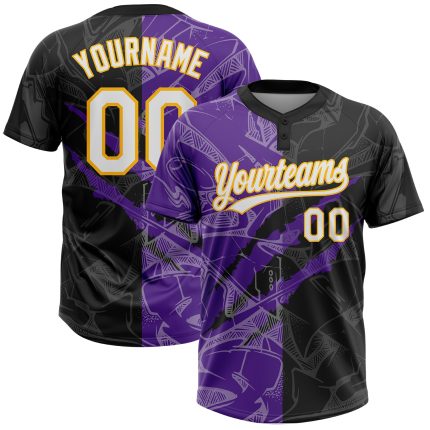 Custom Name Number Unisex Softball Jersey Black Purple Gold 3D Personalized Graffiti Pattern Two-Button Design Personalized