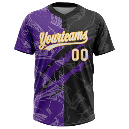 Custom Name Number Unisex Softball Jersey Black Purple Gold 3D Personalized Graffiti Pattern Two-Button Design Personalized