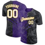 Custom Name & Number 3D Performance T-Shirt, Black Purple Gold Graffiti Pattern, Team Sports Apparel Personalized Graffiti