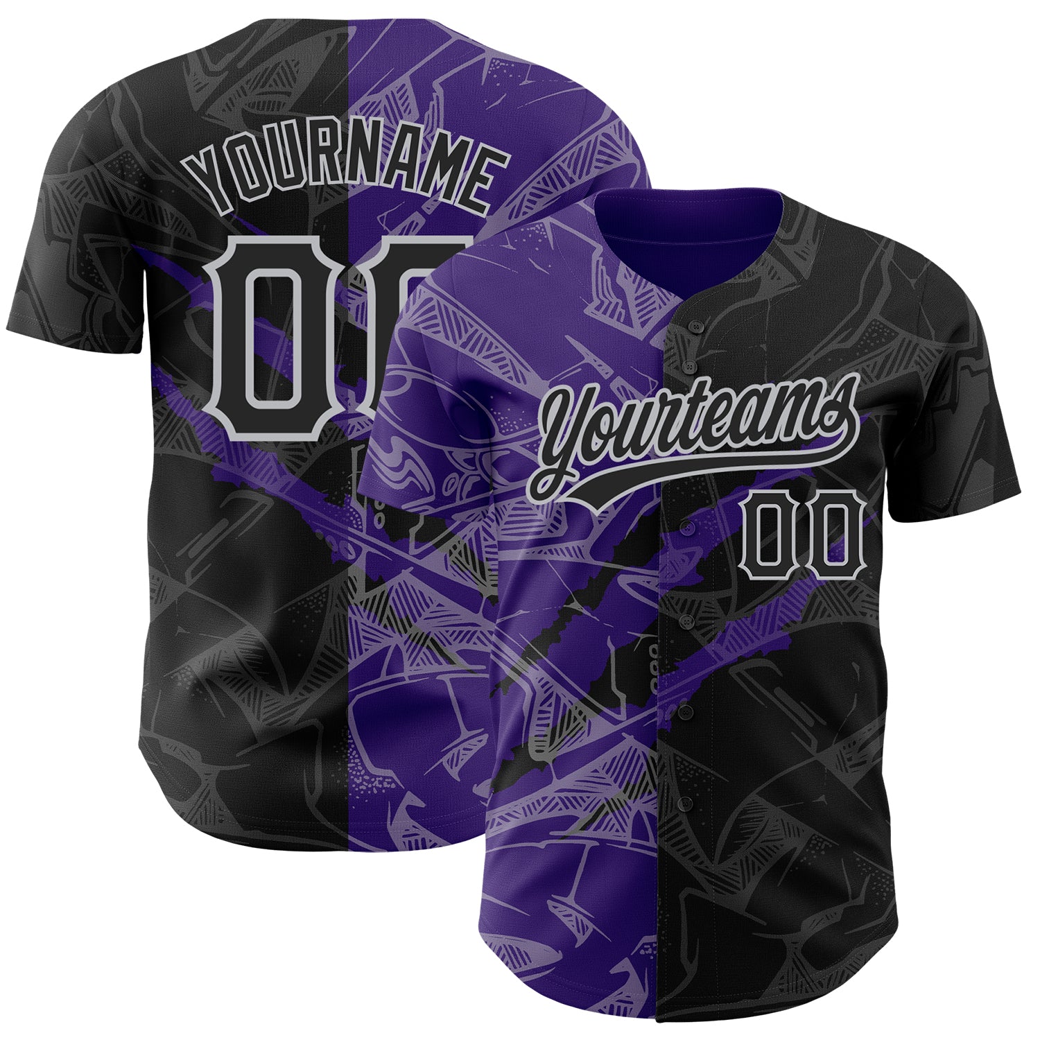 Personalized Black Purple-Gray 3D Graffiti Pattern Scratch Baseball Jersey Personalized Graffiti Pattern Black Purple-Gray