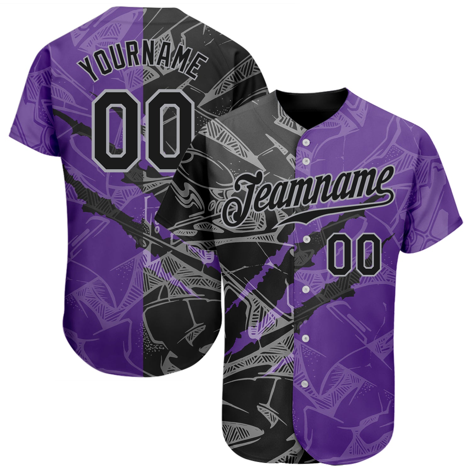 Custom Name and Number Black Purple-Gray Graffiti Pattern 3D Scratch Authentic Baseball Jersey Personalized Graffiti Pattern