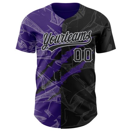 Personalized Black Purple-Gray 3D Graffiti Pattern Scratch Baseball Jersey Personalized Graffiti Pattern Black Purple-Gray
