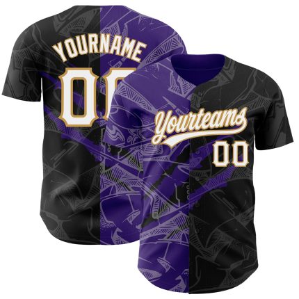 Personalized Black Purple Gold Graffiti Pattern 3D Scratch Baseball Jersey Personalized Graffiti Pattern Black Purple-Old