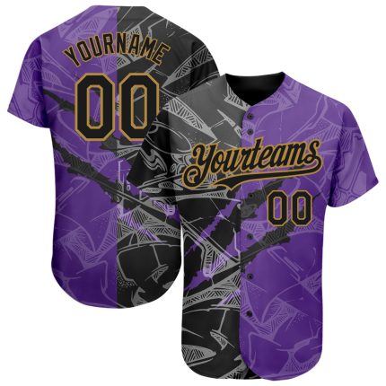 Custom Graffiti Pattern Baseball Jersey Black Purple Gold 3D Scratch Authentic Team Name and Number Personalized Design Personalized