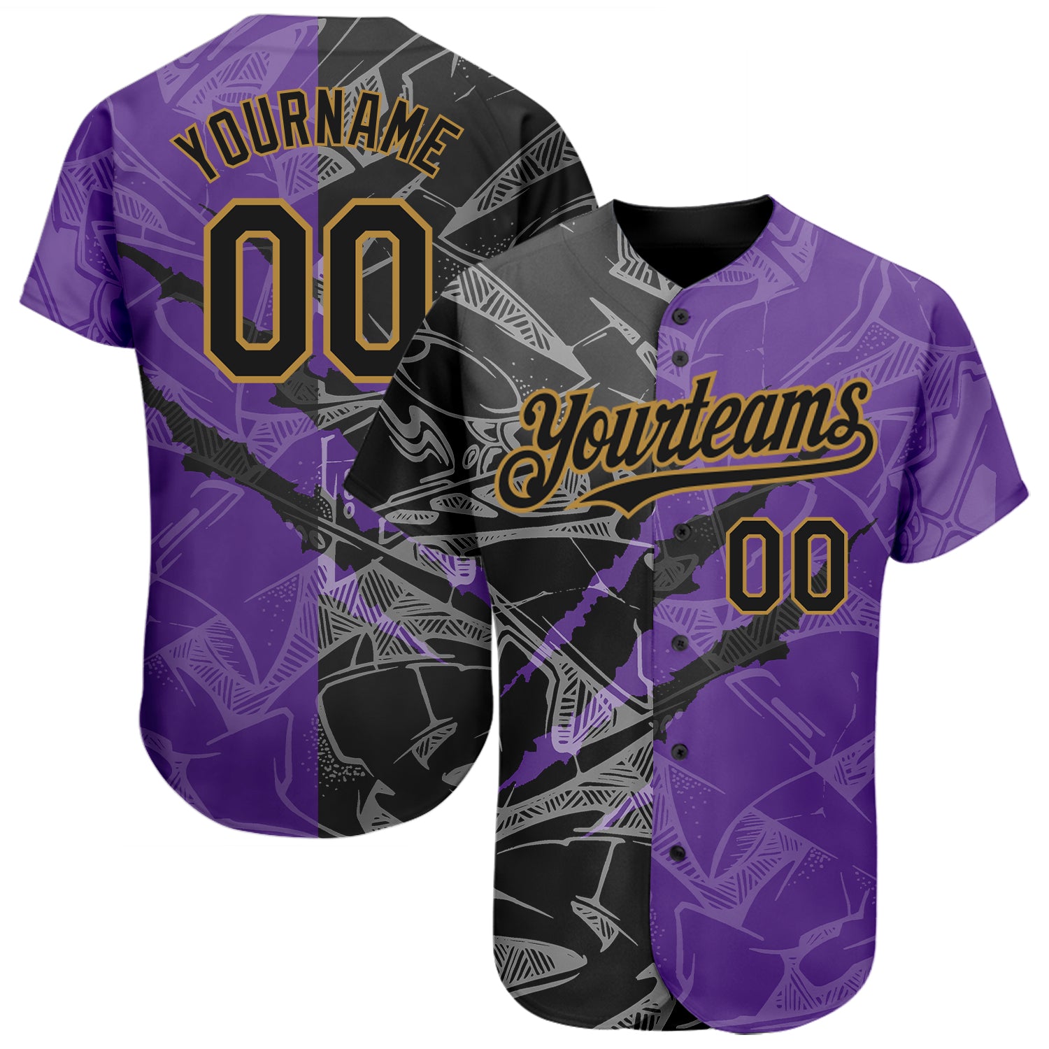 Custom Graffiti Pattern Baseball Jersey Black Purple Gold 3D Scratch Authentic Team Name and Number Personalized Design Personalized