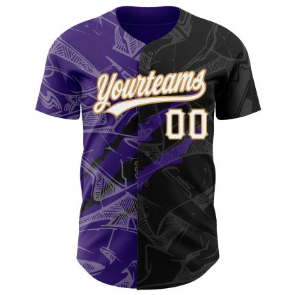 Personalized Black Purple Gold Graffiti Pattern 3D Scratch Baseball Jersey Personalized Graffiti Pattern Black Purple-Old